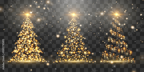 Set of shiny Christmas tree. Glittering lights in the form of a Christmas tree with bright shining and glowing particles. Golden glowing spruce in a luxurious design. Vector on png background.