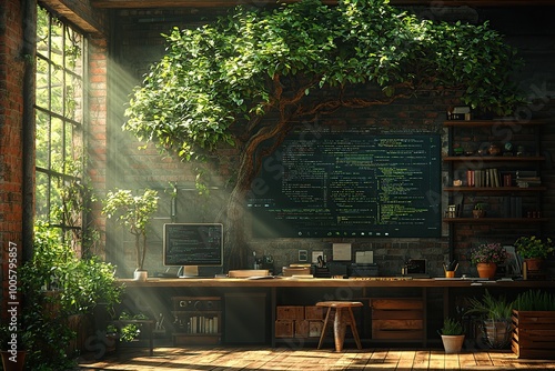 Sunbeams illuminate a rustic workspace with a large tree growing inside, creating a serene and inspiring atmosphere. photo