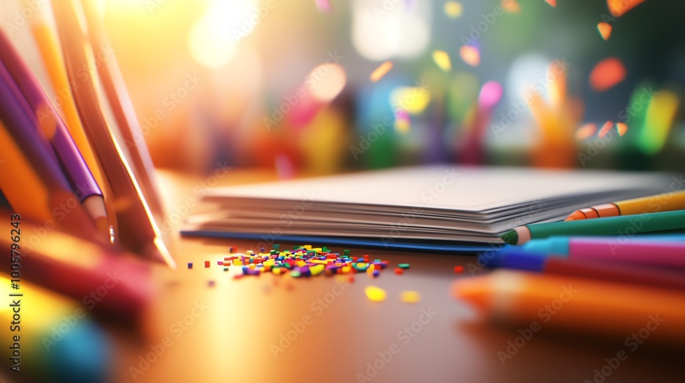 Crayons and coloring books scattered on a child s desk, 3D illustration Crayons and coloring books scattered on a child s desk, 3D illustration