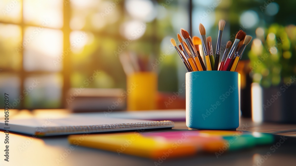 Creative workspace with paintbrushes, sketchpads, and ruler, 3D illustration Creative workspace with paintbrushes, sketchpads, and ruler, 3D illustration