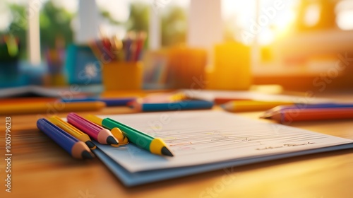 Crayons and coloring books scattered on a child s desk, 3D illustration