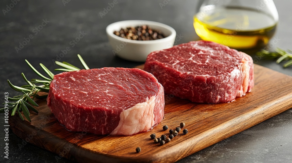Two raw Wagyu steaks with perfect marbling, lying on a wooden board alongside sprigs of rosemary, whole peppercorns, and a small bowl of olive oil, ready to be prepared Two raw Wagyu steaks with perfect marbling, lying on a wooden board alongside sprigs of rosemary, whole peppercorns, and a small bowl of olive oil, ready to be prepared