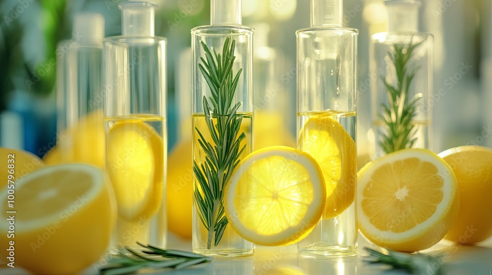 A background for a biological experiment presentation featuring lemon extract and rosemary leaves, alongside biological test tubes filled with yellow water. A background for a biological experiment presentation featuring lemon extract and rosemary leaves, alongside biological test tubes filled with yellow water.