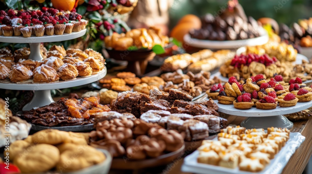 A side view of the Thanksgiving sweets table, filled with cookies, candies, and other treats. A side view of the Thanksgiving sweets table, filled with cookies, candies, and other treats.