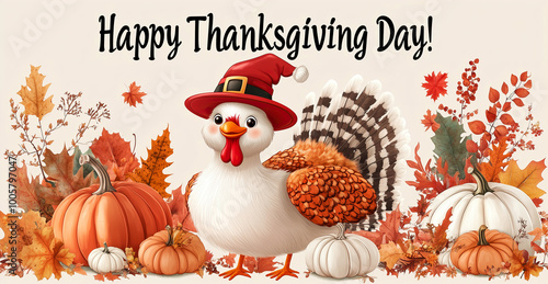 Funny happy thanksgiving greeting card on beige background. Illustration.