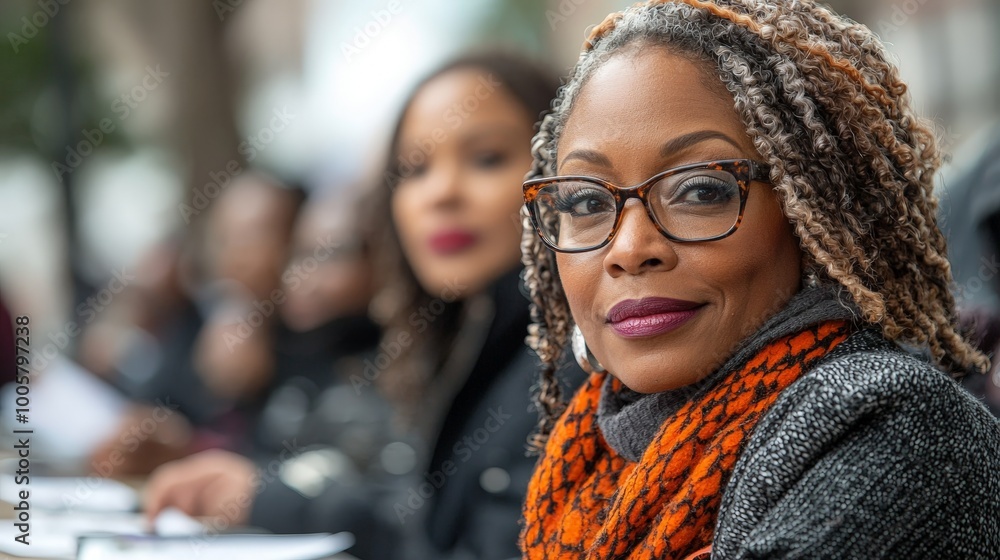 A woman with glasses and stylish hair sits among a group, engaged in conversation. A woman with glasses and stylish hair sits among a group, engaged in conversation.