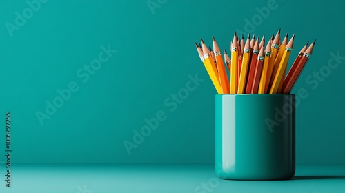 Pencil case filled with sharpened pencils and erasers, 3D illustration