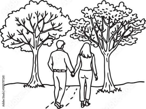 A couple walking hand in hand under a tree