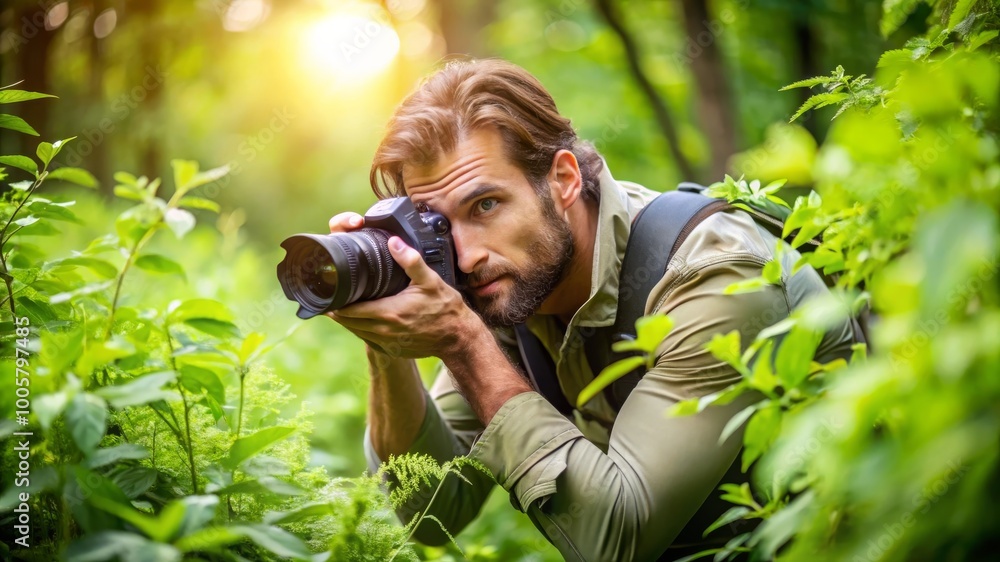 Photographer Capturing Nature's Beauty in Lush Green Forest Photographer Capturing Nature's Beauty in Lush Green Forest