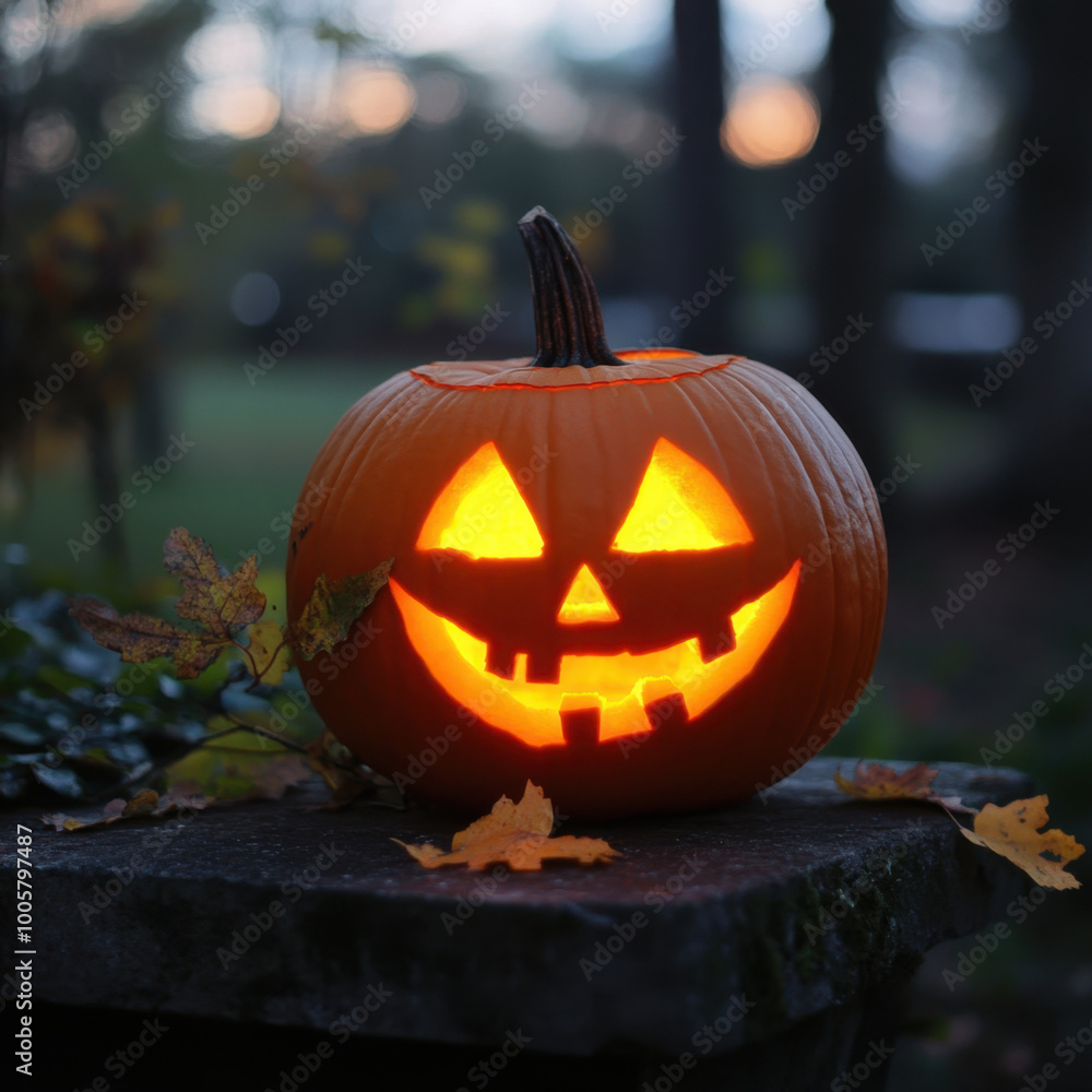 glowing jack o lantern with cheerful face sits on stone surface surrounded by autumn leaves, capturing essence of Halloween festivities glowing jack o lantern with cheerful face sits on stone surface surrounded by autumn leaves, capturing essence of Halloween festivities
