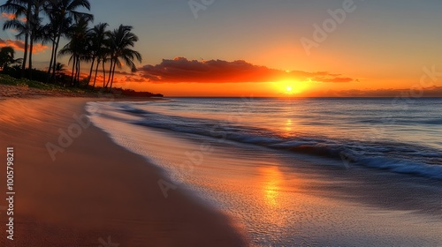 Vibrant sunset over a tranquil beach with palm trees silhouetted along the shoreline  Warm hues of orange and pink cascade across the sky as gentle waves lap at the golden sand