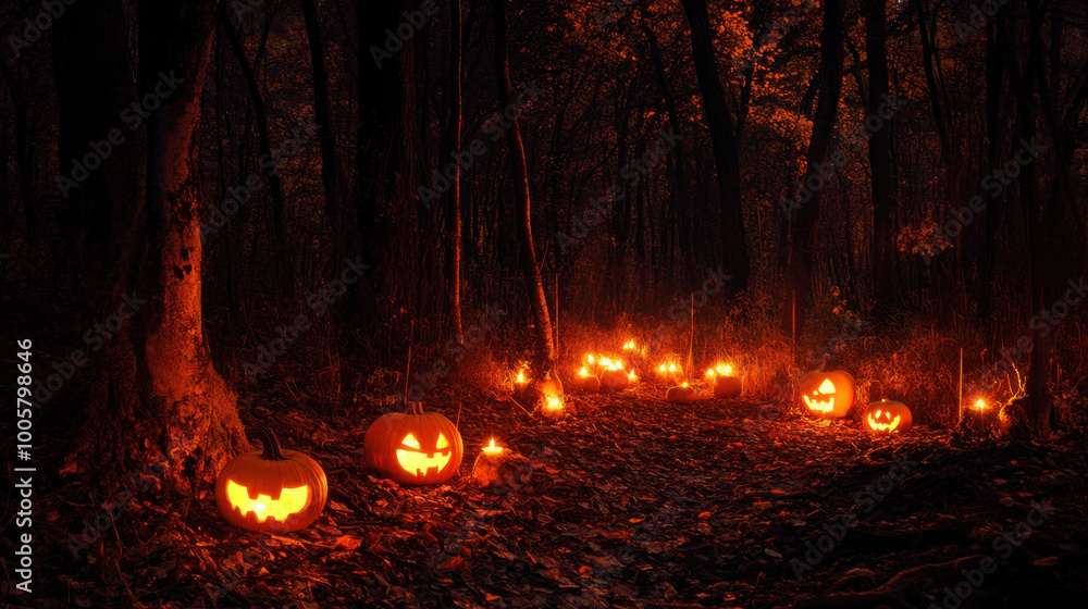 spooky Halloween scene featuring glowing jack o lanterns lining dark forest path, creating eerie yet festive atmosphere. flickering lights enhance autumn ambiance spooky Halloween scene featuring glowing jack o lanterns lining dark forest path, creating eerie yet festive atmosphere. flickering lights enhance autumn ambiance