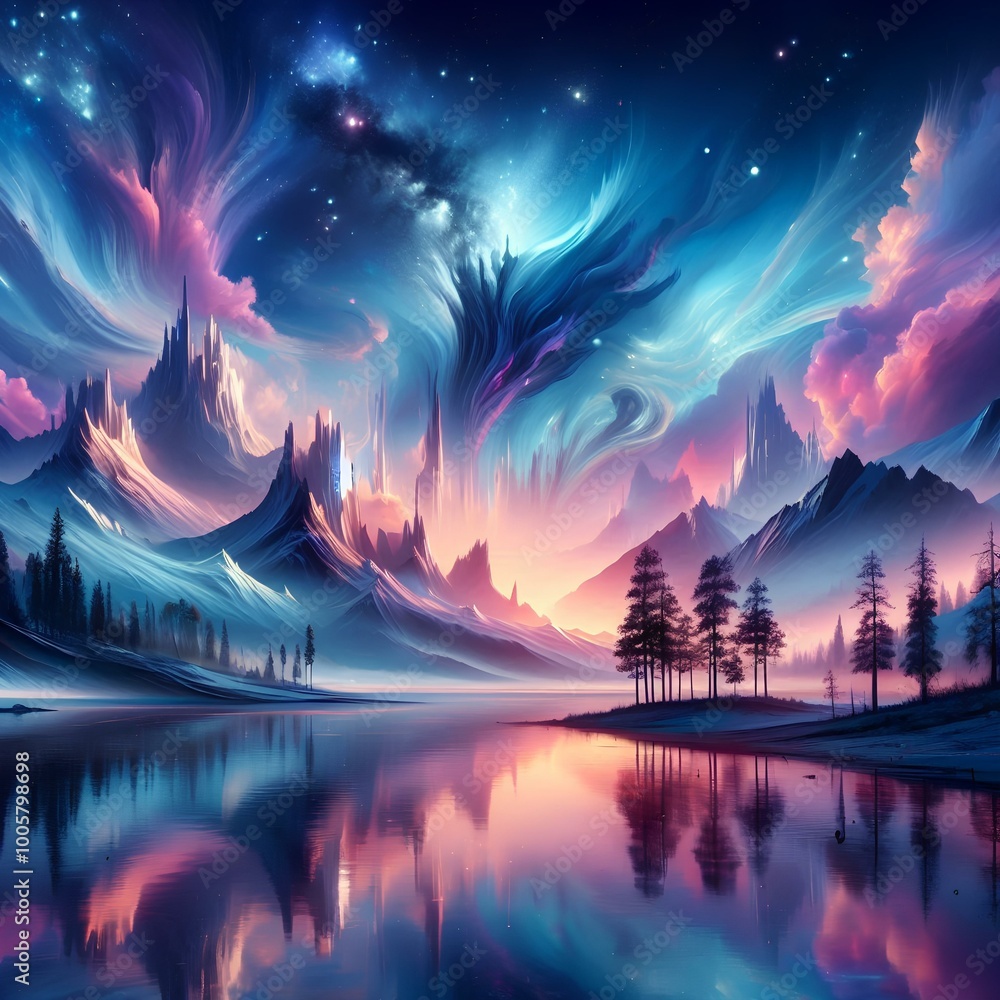 Obraz premium surreal digital art with nature, lakes, river, trees and mountain