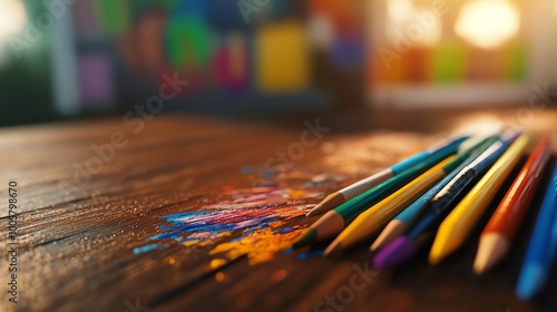 Vibrant art supplies on a wooden table, ready for creative work, 3D illustration