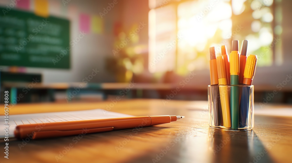 Whiteboard with markers and eraser in a modern classroom, 3D illustration Whiteboard with markers and eraser in a modern classroom, 3D illustration