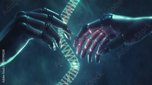 Wallpaper Mural A robot's hand and a human hand reaching out to touch a DNA strand, symbolizing a connection in a virtual interface of the future. Torontodigital.ca