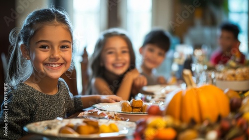 Smiling Girl at a Family Gathering with Pumpkin and Dessert