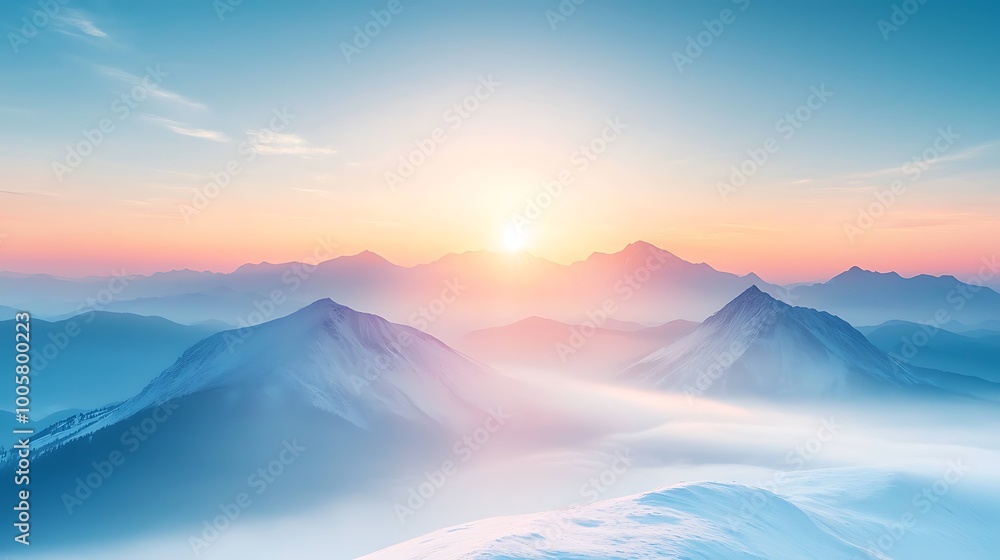 Fog and clouds wrap around majestic mountains as the sun rises, painting the sky in soft hues. Fog and clouds wrap around majestic mountains as the sun rises, painting the sky in soft hues.