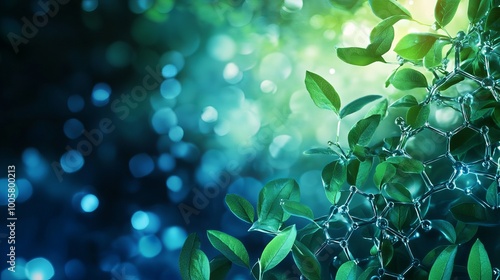 Here is the visual representation of a lush green plant background overlaid with biochemistry structures, blending nature with science seamlessly.