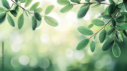 Sunlight shining through fresh green leaves banner background