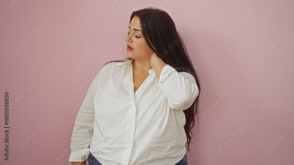 Beautiful plus size woman in a white shirt over an isolated pink background looking to the side. Beautiful plus size woman in a white shirt over an isolated pink background looking to the side.