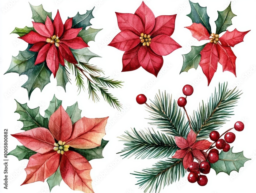 Christmas Watercolor Flower Set on White Background Christmas Watercolor Flower Set on White Background