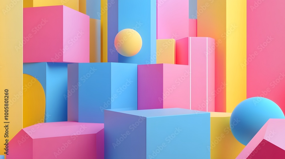 pink blue yellow geometric shape pattern colorful 3d render scene. pink blue yellow geometric shape pattern colorful 3d render scene.