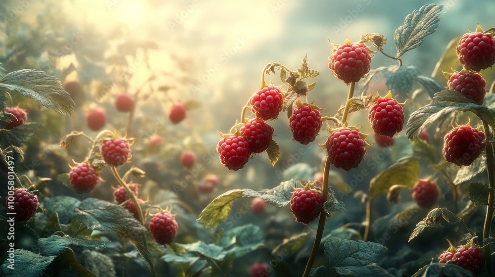 Ripe Raspberries on a Branch in a Sunlit Garden Ripe Raspberries on a Branch in a Sunlit Garden