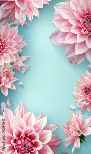 Pink dahlia flowers on light turquoise background with copyspace for your text