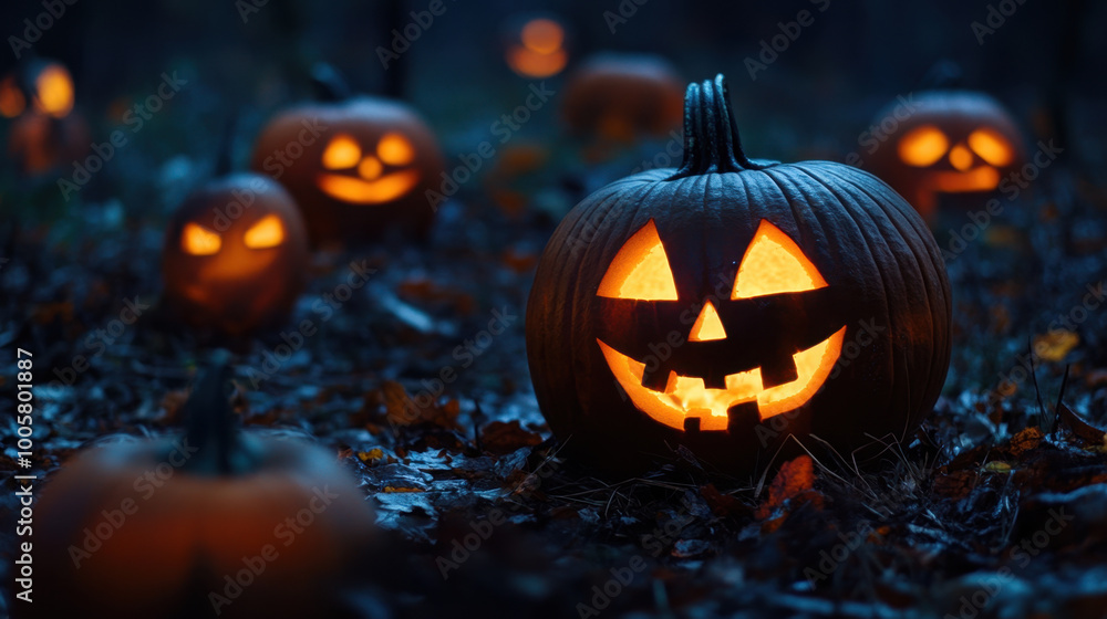 Spooky carved pumpkins glow in dark, creating festive Halloween atmosphere. eerie scene is filled with smiling and grinning faces, perfect for celebrating season Spooky carved pumpkins glow in dark, creating festive Halloween atmosphere. eerie scene is filled with smiling and grinning faces, perfect for celebrating season
