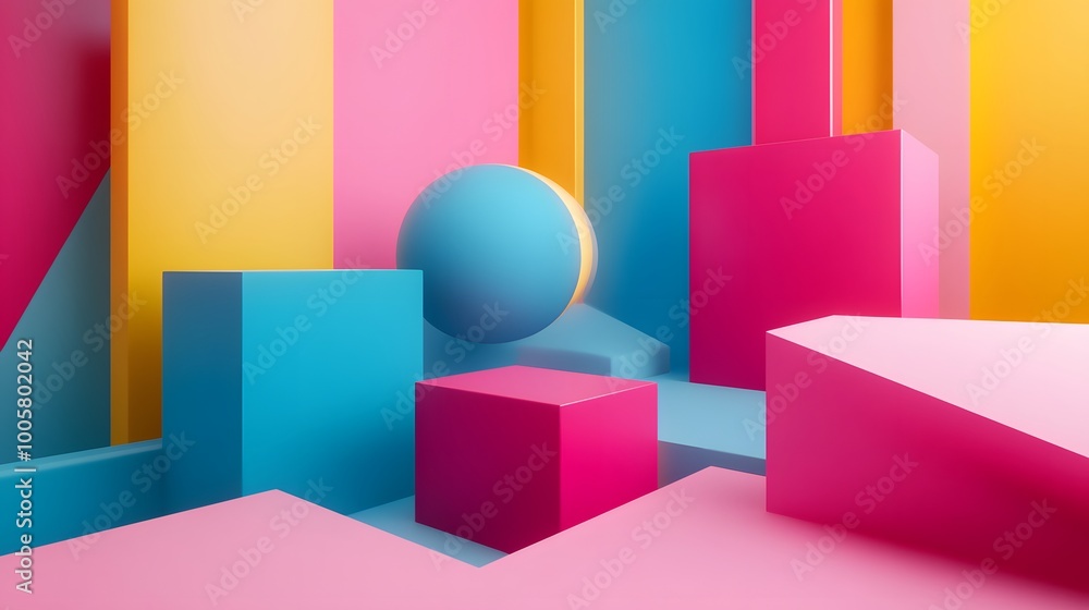 pink blue yellow geometric shape pattern colorful 3d render scene. pink blue yellow geometric shape pattern colorful 3d render scene.