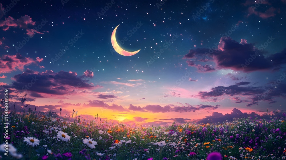 Serene Landscape with Crescent Moon Serene Landscape with Crescent Moon
