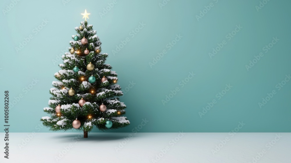 Decorated Christmas tree with ornaments against a soft blue background. Decorated Christmas tree with ornaments against a soft blue background.
