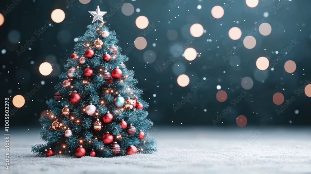 Obraz premium Decorative Christmas tree with ornaments and lights, snowy winter ambiance.
