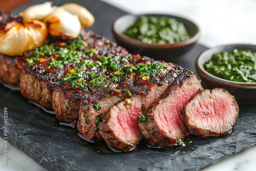 Sliced biftek served on slate board, showing juicy medium-rare interior, accompanied by roasted garlic, herb butter, and small dish of chimichurri sauce. Sliced biftek served on slate board, showing juicy medium-rare interior, accompanied by roasted garlic, herb butter, and small dish of chimichurri sauce.