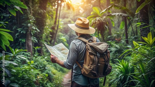 Adventurous Explorer in Jungle with Map and Backpac photo