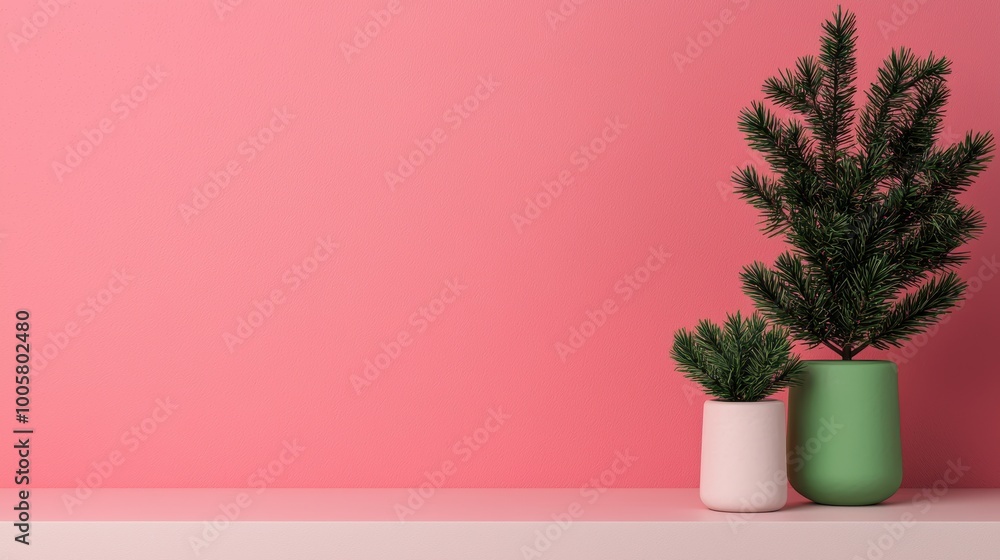 Fototapeta premium Decorative potted plants on a minimalist shelf with a pink background.