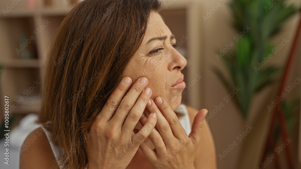 Woman examining her face closely in an indoor spa setting with a thoughtful expression, highlighting concerns about skin and beauty care. Woman examining her face closely in an indoor spa setting with a thoughtful expression, highlighting concerns about skin and beauty care.