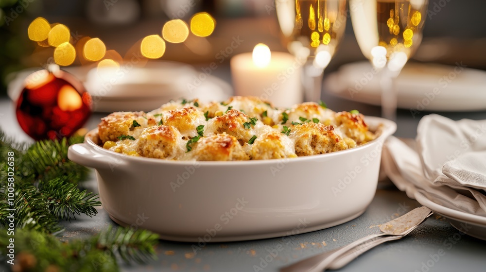 Delicious baked dish served at a festive holiday table with decorations. Delicious baked dish served at a festive holiday table with decorations.
