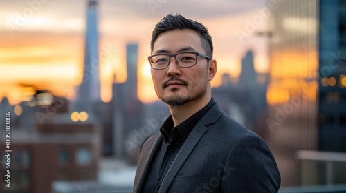 Confident Businessman Looking at Camera with City Skyline in Background.