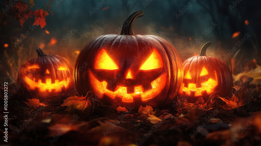 Spooky Halloween pumpkins glow in dark forest, surrounded by autumn leaves, creating eerie yet festive atmosphere Spooky Halloween pumpkins glow in dark forest, surrounded by autumn leaves, creating eerie yet festive atmosphere