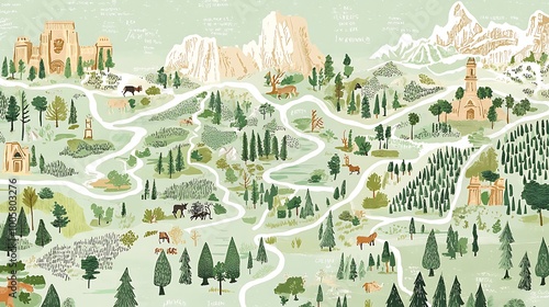 Illustrated Forest Map with Mountains  Church  and Animals
