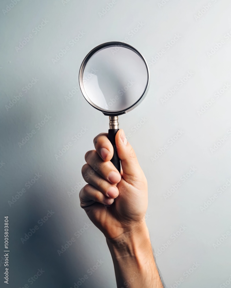 Hand Holding a Magnifying Glass Against a Light Background: Symbolizing Exploration and Discovery Hand Holding a Magnifying Glass Against a Light Background: Symbolizing Exploration and Discovery