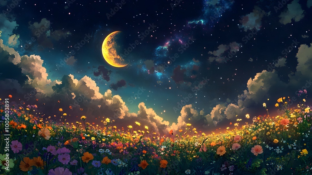 Tranquil Night Sky with Glowing Moon Tranquil Night Sky with Glowing Moon