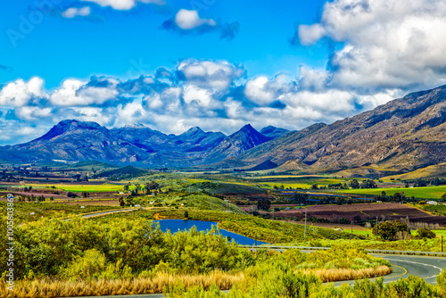 Landscape of Langeberg mountains and valley from the Little Tradouw pass in the Little Karoo near Barrydale in the Western Cape, South Africa photo