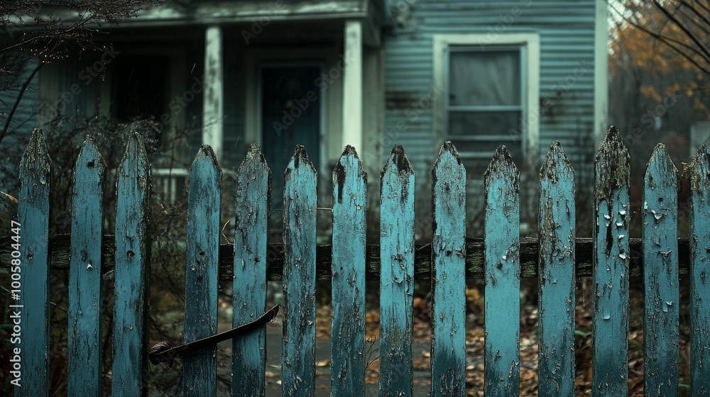 Obraz premium A crumbling, peeling blue-painted fence in front of an abandoned house, the paint barely clinging to the weathered wood. Gloomy, overcast lighting enhances the sense of abandonment.