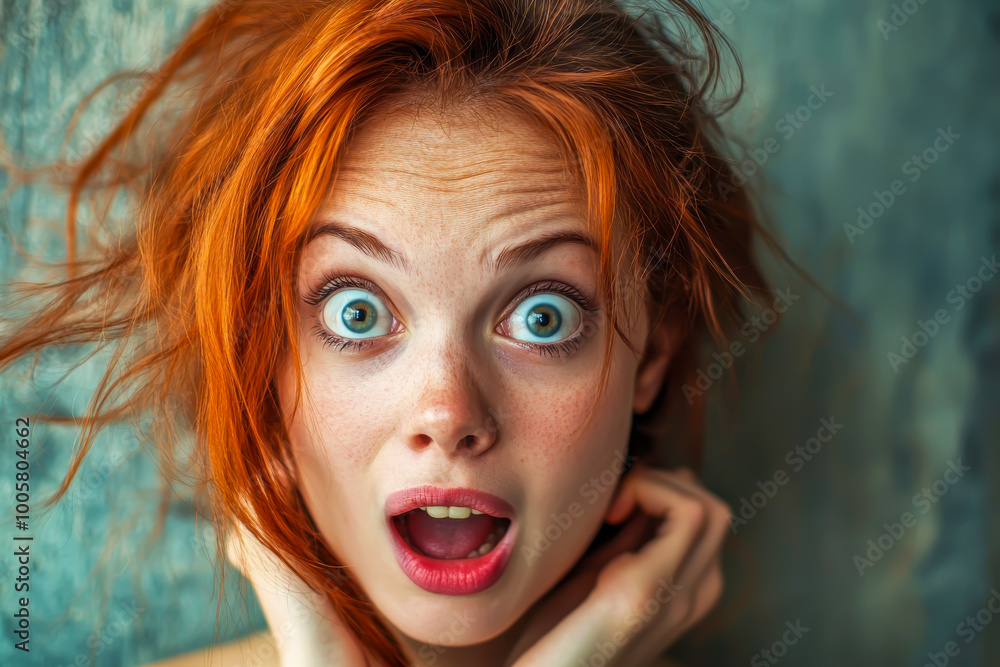 A woman with red hair and a surprised expression. She is wearing red lipstick and has her hair in a messy bun A woman with red hair and a surprised expression. She is wearing red lipstick and has her hair in a messy bun