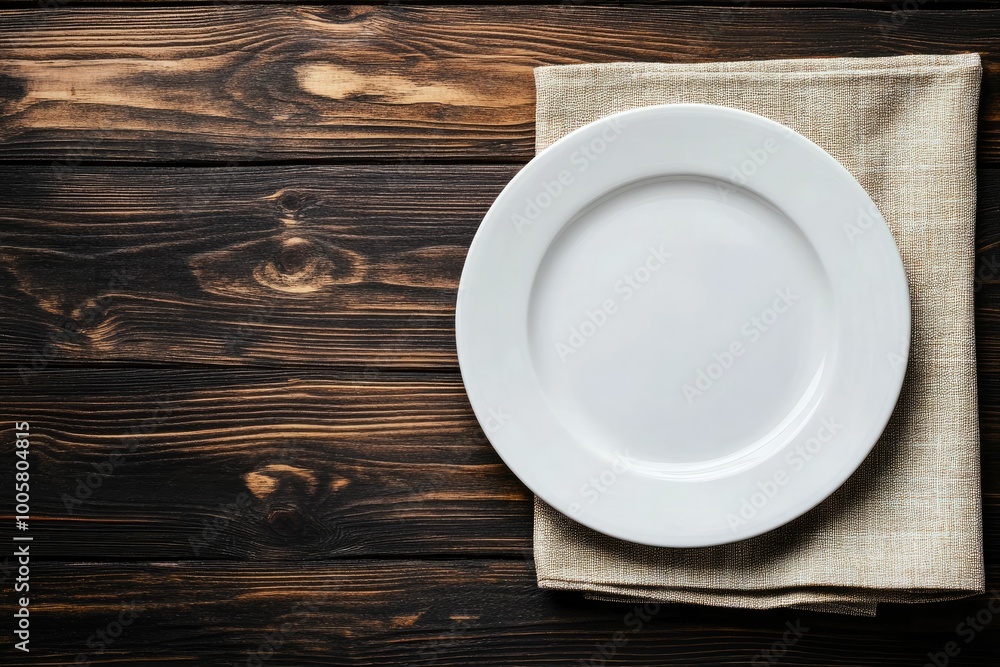 White Plate on Napkin Against Dark Wooden Table Background with Copy Space, Mockup White Plate on Napkin Against Dark Wooden Table Background with Copy Space, Mockup