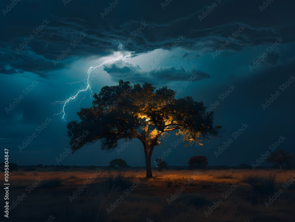 Bright white lightning bolt strikes a tree at night during a powerful thunderstorm in nature. Bright white lightning bolt strikes a tree at night during a powerful thunderstorm in nature.
