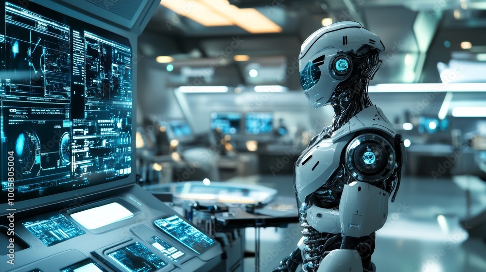 Futuristic Robot in a High-Tech Control Room. Futuristic Robot in a High-Tech Control Room.